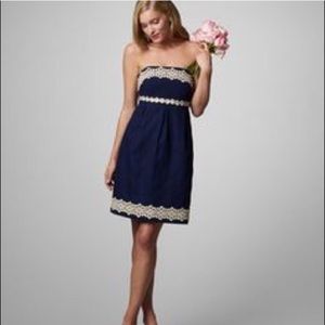 Lilly Pulitzer Betsy Navy Blue Jacquard Strapless Gold Embroidered Trim Dress